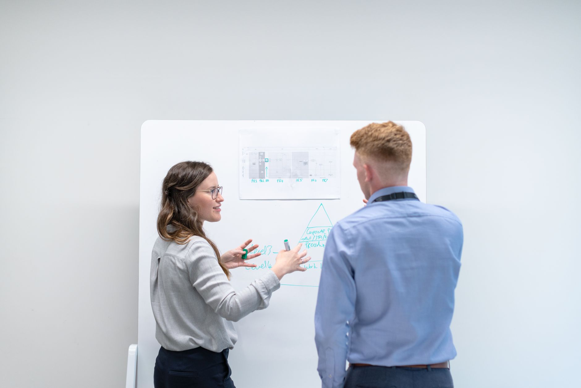 Engineers and analysts reviewing a system diagram together